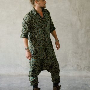 Geometric Print Cotton Buttonup Shirt: Green Boho Festival