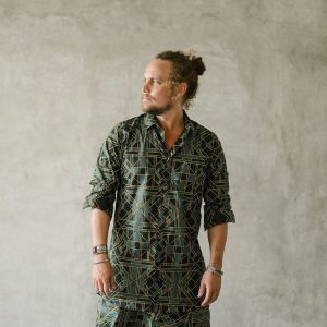 Geometric Print Cotton Buttonup Shirt: Green Boho Festival