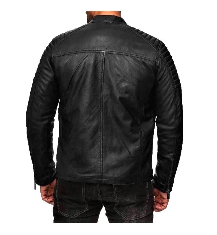 Men's Black Sheepskin Leather Cafe Racer Jacket Tn5bk Men's Black Sheepskin Leather Cafe Racer Jacket Tn5bk