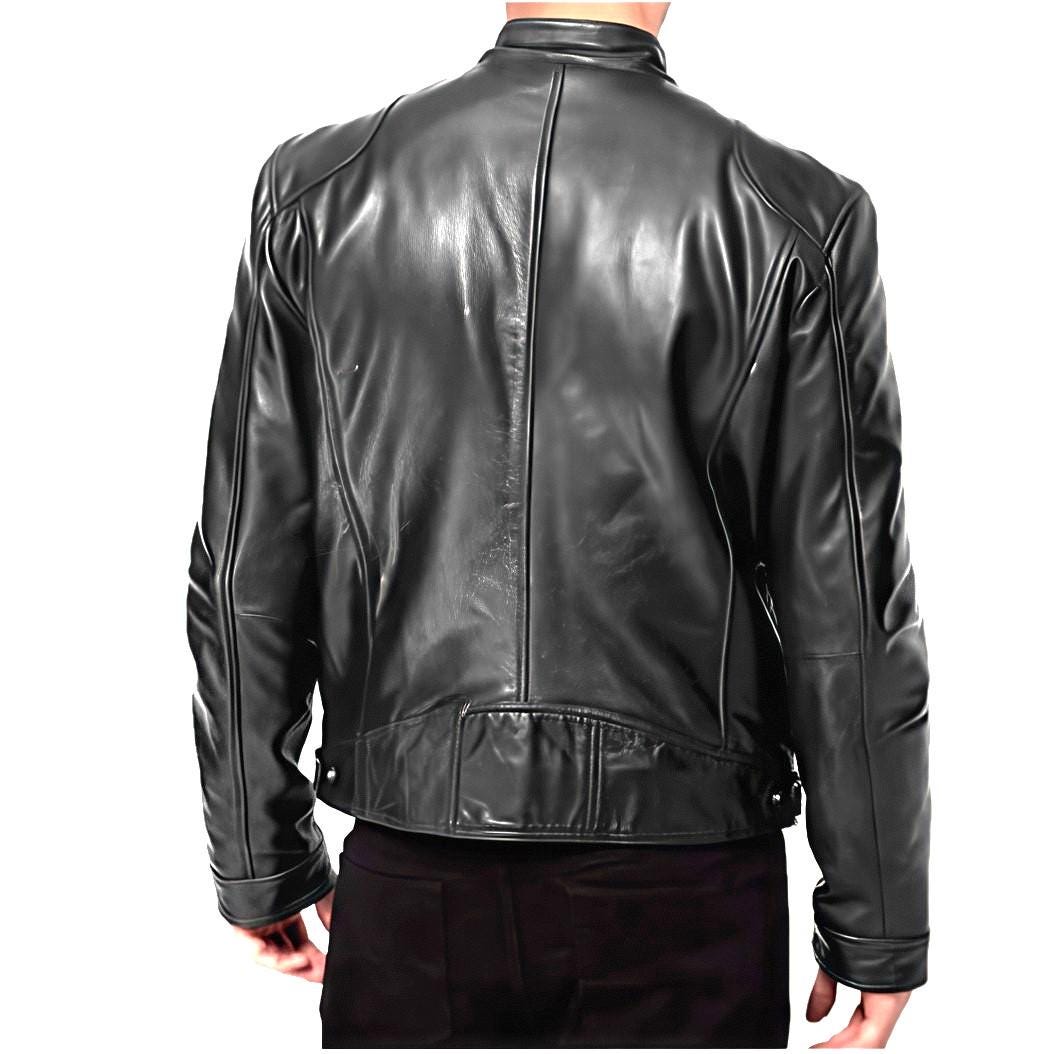 Cafe Racer Leather Jacket: Genuine Sheepskin Black Metal Cafe Racer Leather Jacket: Genuine Sheepskin Black Metal