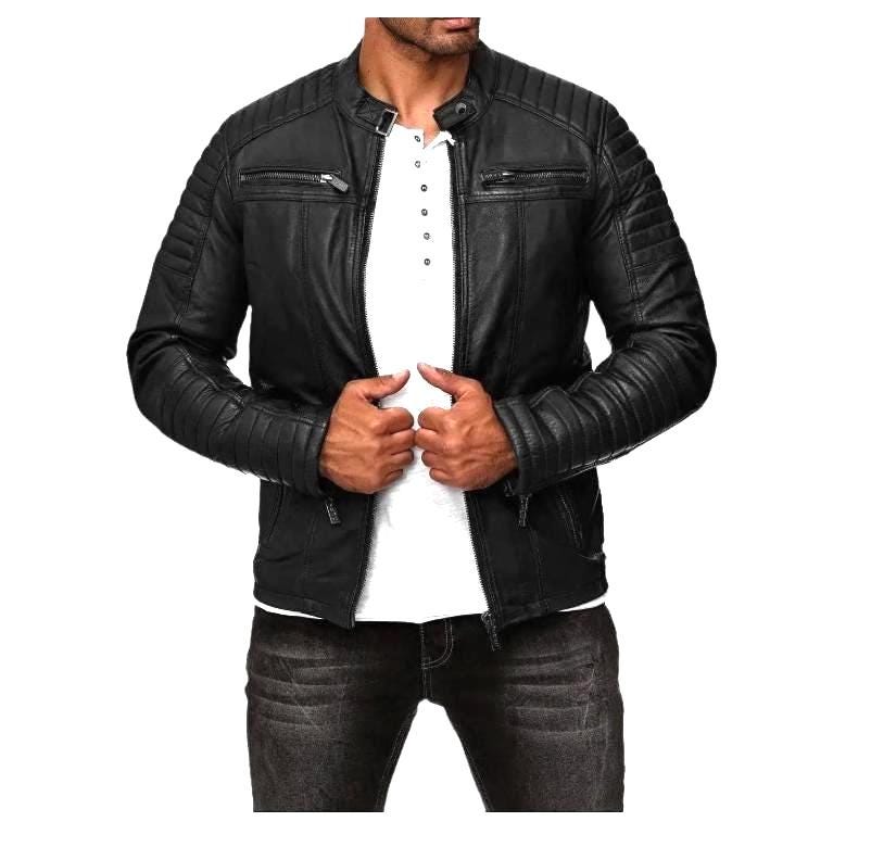 Men's Black Sheepskin Leather Cafe Racer Jacket Tn5bk Men's Black Sheepskin Leather Cafe Racer Jacket Tn5bk