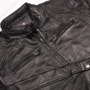 Cafe Racer Leather Jacket: Genuine Sheepskin Black Metal