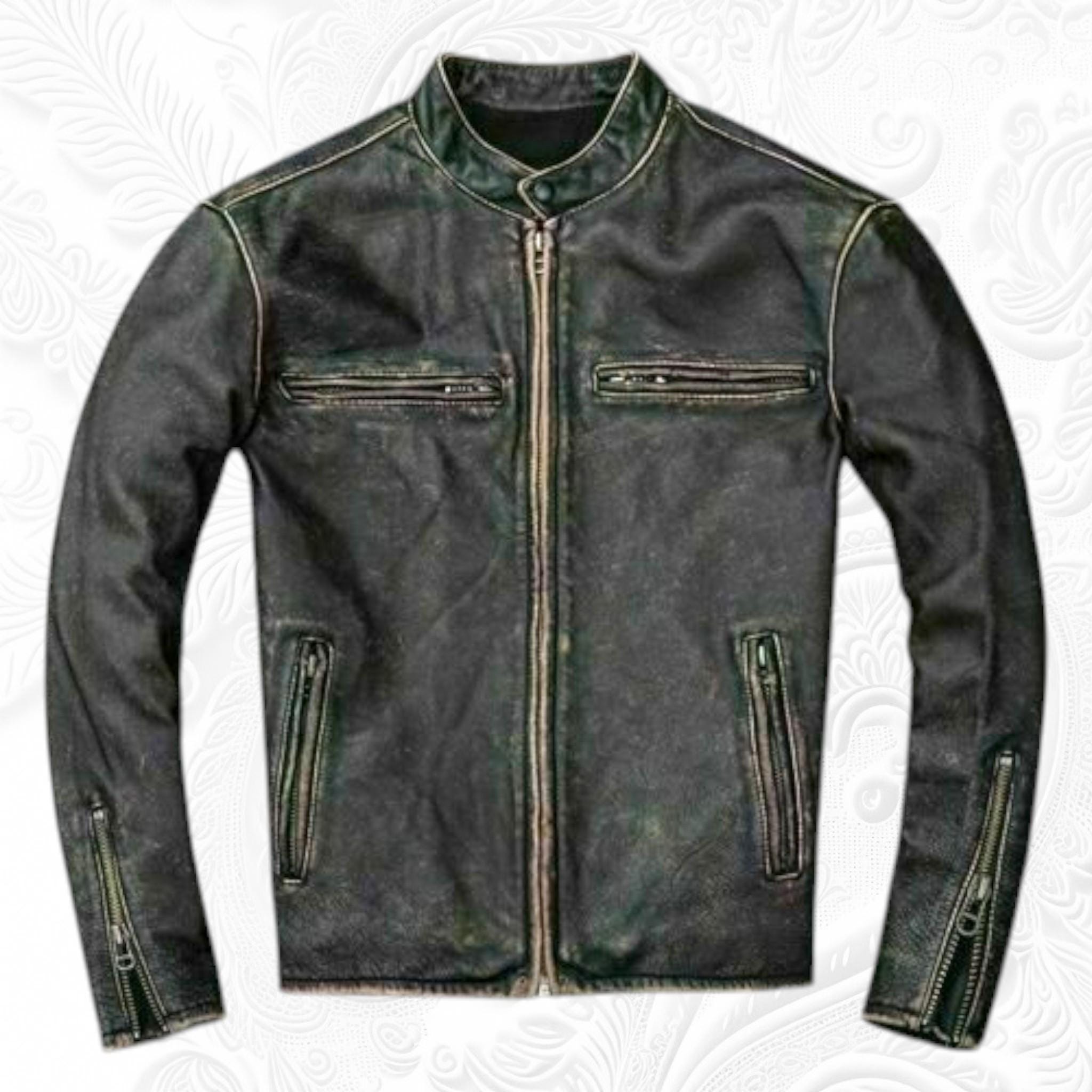 Handmade Distressed Black Sheepskin Cafe Racer Leather Jacket Handmade Distressed Black Sheepskin Cafe Racer Leather Jacket