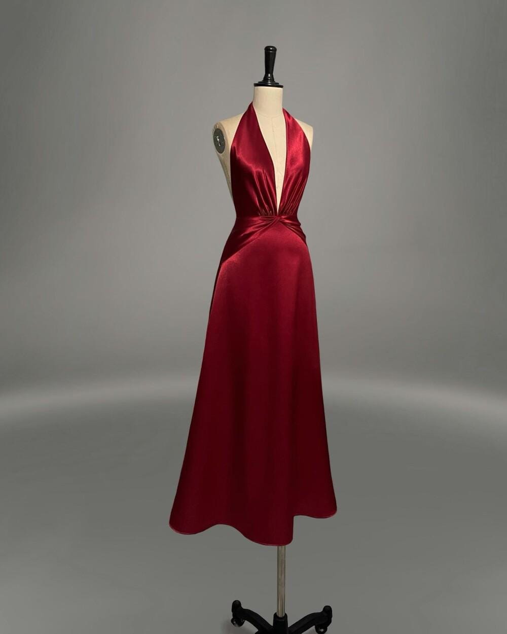 Elegant Deep V Red Satin Halter Dress Backless Elegant Deep V Red Satin Halter Dress Backless
