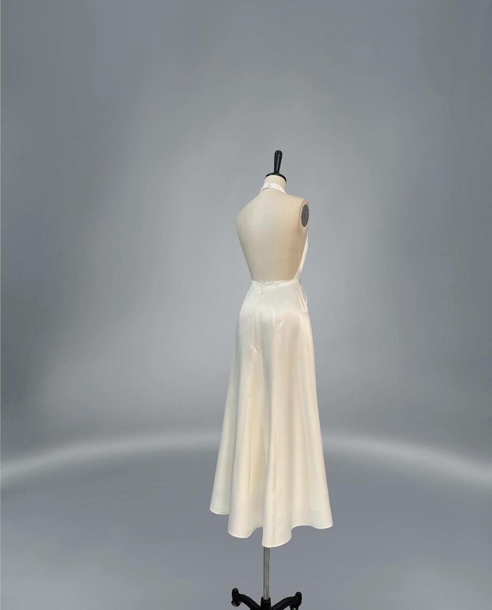 Elegant Deep V Red Satin Halter Dress Backless Elegant Deep V Red Satin Halter Dress Backless