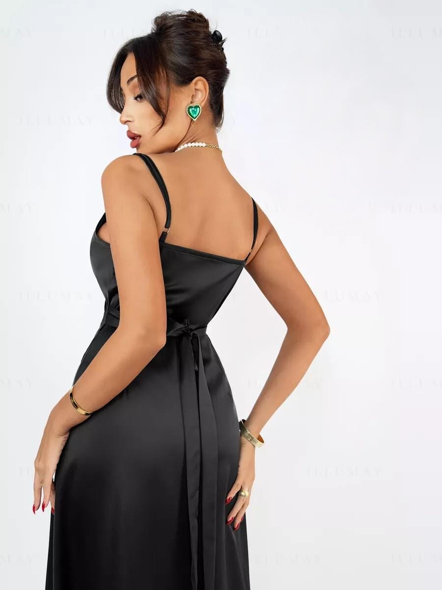 Black Silk Wrap Dress With Side Slit Elegant Black Silk Wrap Dress With Side Slit Elegant