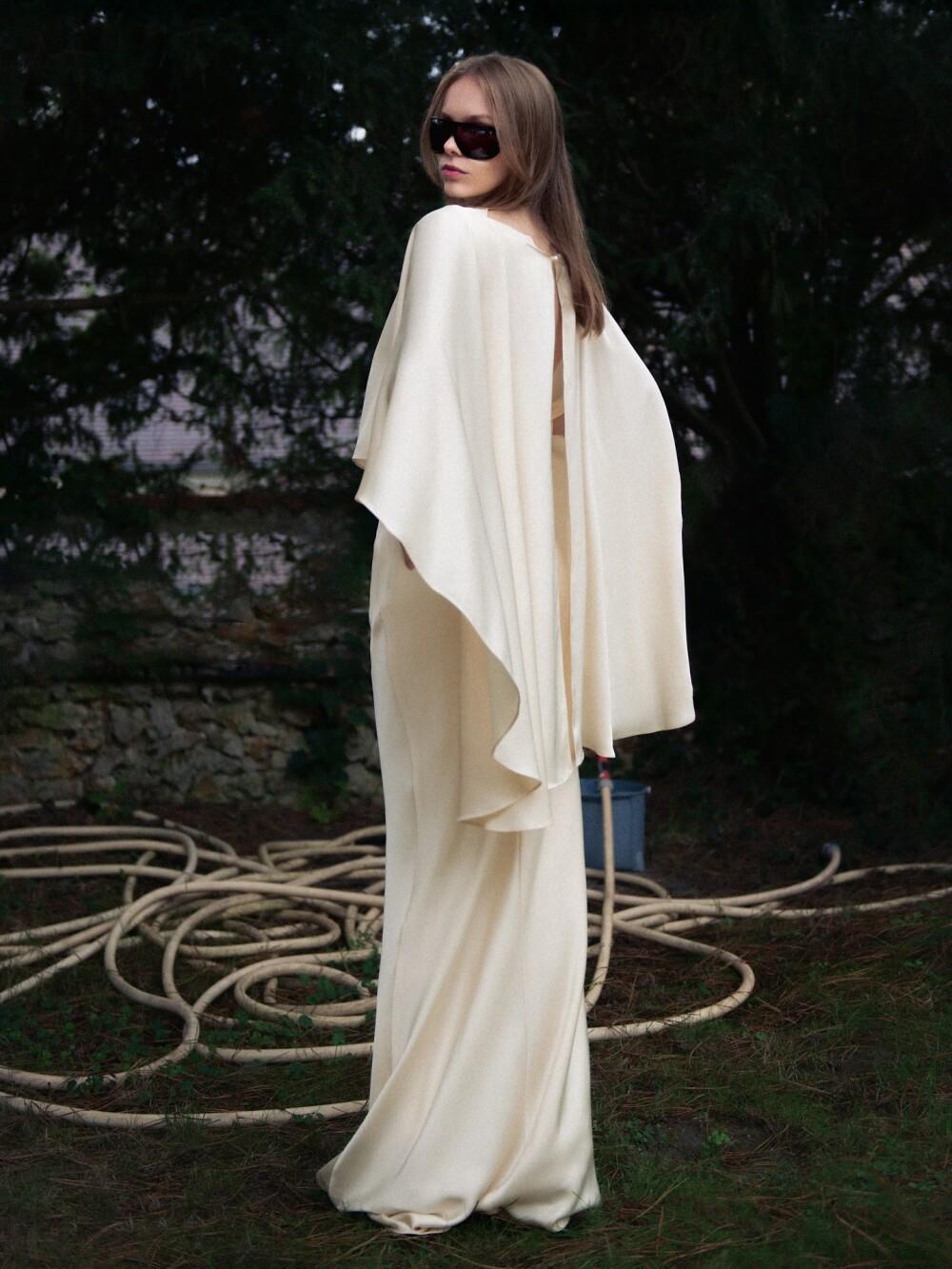 Ivory Muse Cape Gown Modern Minimalist Satin Evening Ivory Muse Cape Gown Modern Minimalist Satin Evening